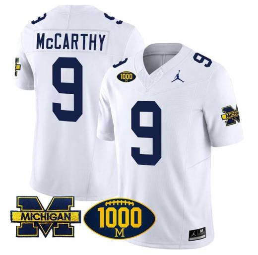 Men's JJ McCarthy Jersey #9 Michigan Wolverines 1000 Wins Patch Vapor Limited Football White