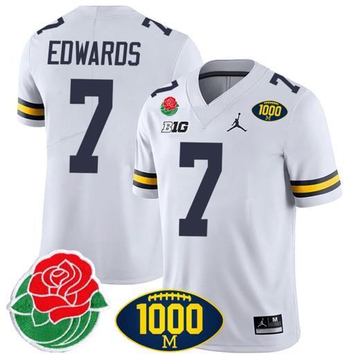 Men's Donovan Edwards Jersey #7 Michigan Wolverines 1000 Wins & Rose Bowl Patch Special White