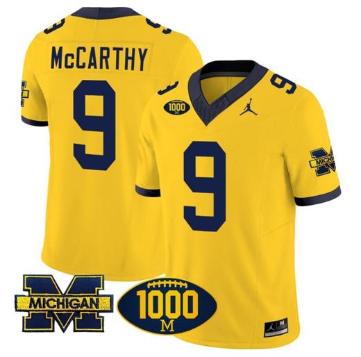 Men's JJ McCarthy Jersey #9 Michigan Wolverines 1000 Wins Patch Vapor Limited Football Maize