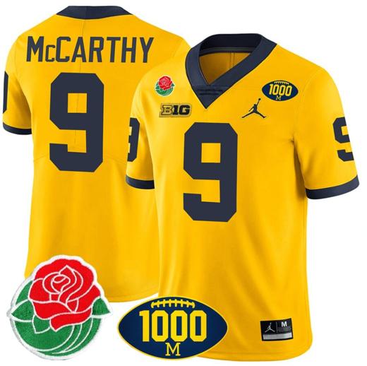 Men's JJ McCarthy Jersey #9 Michigan Wolverines 1000 Wins & Rose Bowl Patch Special Yellow