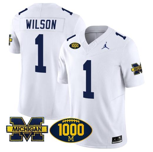 Men's Roman Wilson Jersey #1 Michigan Wolverines 1000 Wins Patch Vapor Limited Football White