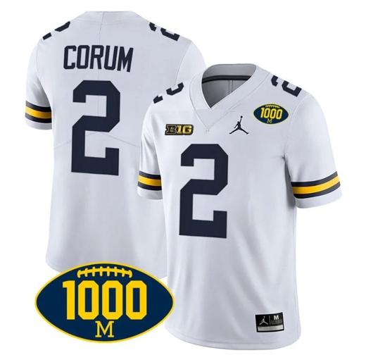 Men's Blake Corum Jersey #2 Michigan Wolverines 1000 Wins Patch College Football White