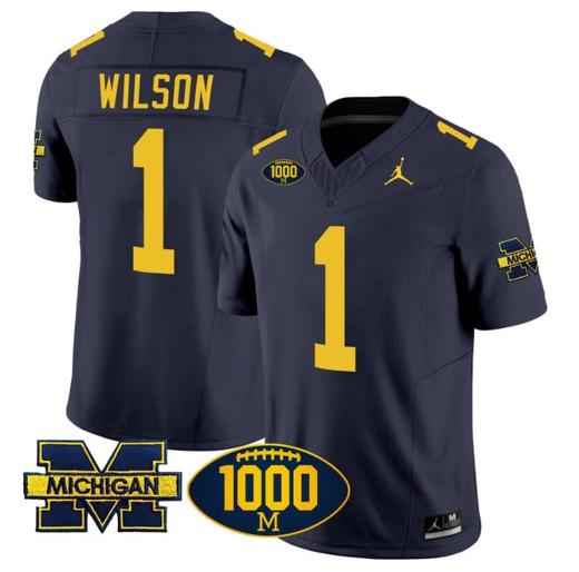 Men's Roman Wilson Jersey #1 Michigan Wolverines 1000 Wins Patch Vapor Limited Football Navy