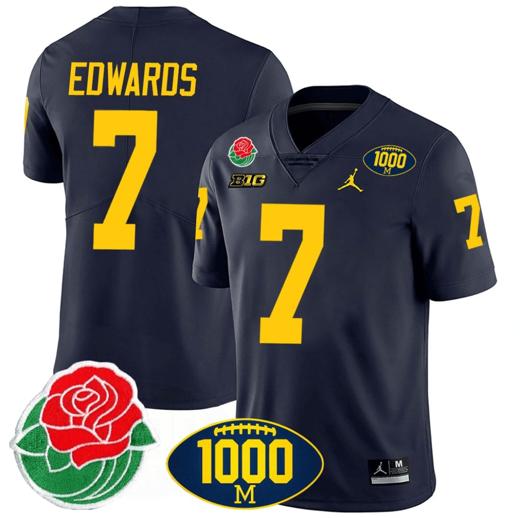 Men's Donovan Edwards Jersey #7 Michigan Wolverines 1000 Wins & Rose Bowl Patch Special Navy