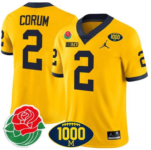 Men's Blake Corum Jersey #2 Michigan Wolverines 1000 Wins & Rose Bowl Patch Special Yellow