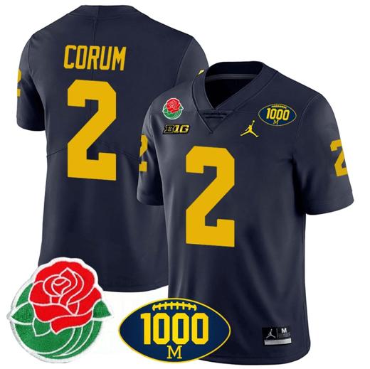 Men's Blake Corum Jersey #2 Michigan Wolverines 1000 Wins & Rose Bowl Patch Special Navy