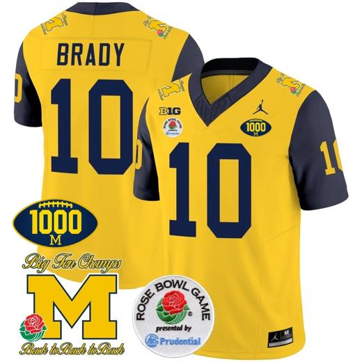 Men's Tom Brady Jersey #10 Michigan Wolverines Vapor Stitched 1000 Wins Rose Bowl Patch Navy Sleeves