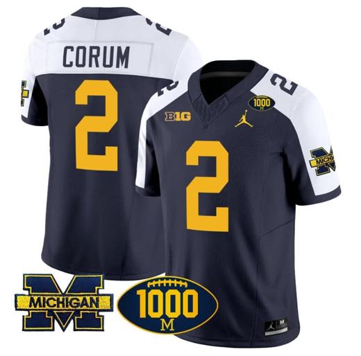 Men's Blake Corum Jersey #2 Michigan Wolverines 1000 Wins Patch Vapor College Football Navy Alternate