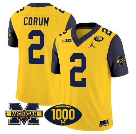 Men's Blake Corum Jersey #2 Michigan Wolverines 1000 Wins Patch Vapor College Football Navy Sleeves