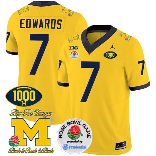 Men's Donovan Edwards Jersey #7 Michigan Wolverines Vapor Stitched 1000 Wins Rose Bowl Patch Maize