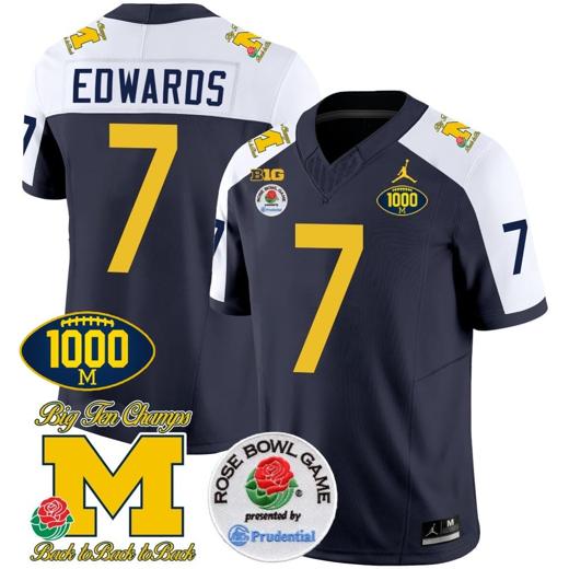 Men's Donovan Edwards Jersey #7 Michigan Wolverines Vapor Stitched 1000 Wins Rose Bowl Patch Alternate