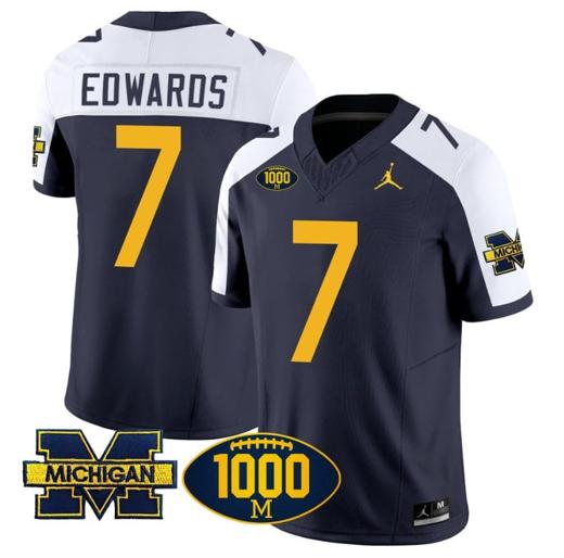 Men's Donovan Edwards Jersey #7 Michigan Wolverines 1000 Wins Patch Vapor Limited Football Navy Alternate