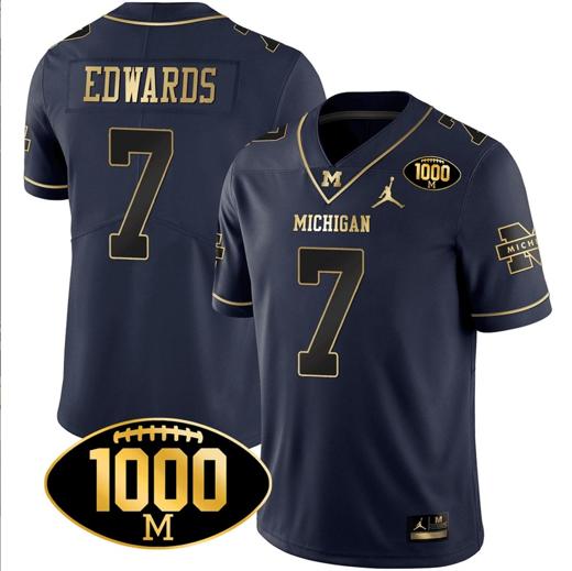 Men's Donovan Edwards Jersey #7 Michigan Wolverines 1000 Wins Patch Football All Stitched Navy Gold