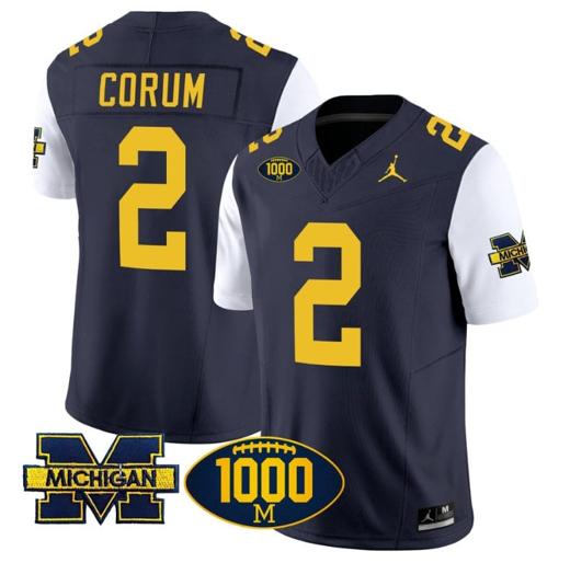 Men's Blake Corum Jersey #2 Michigan Wolverines 1000 Wins Patch Vapor Limited Football White Sleeves