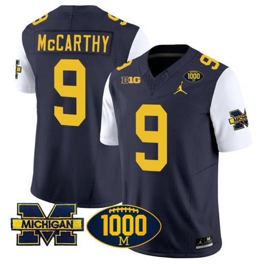 Men's JJ McCarthy Jersey #9 Michigan Wolverines 1000 Wins Patch Vapor College Football White Sleeves