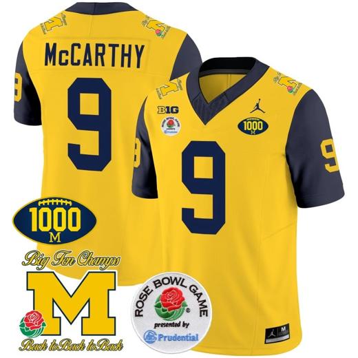 Men's JJ McCarthy Jersey #9 Michigan Wolverines Vapor Stitched 1000 Wins Rose Bowl Patch Navy Sleeves