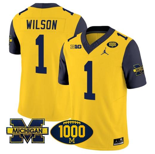 Men's Roman Wilson Jersey #1 Michigan Wolverines 1000 Wins Patch Vapor College Football Navy Sleeves