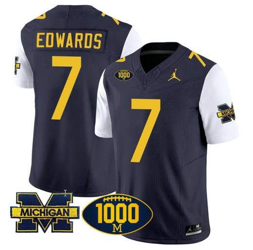 Men's Donovan Edwards Jersey #7 Michigan Wolverines 1000 Wins Patch Vapor Limited Football White Sleeves