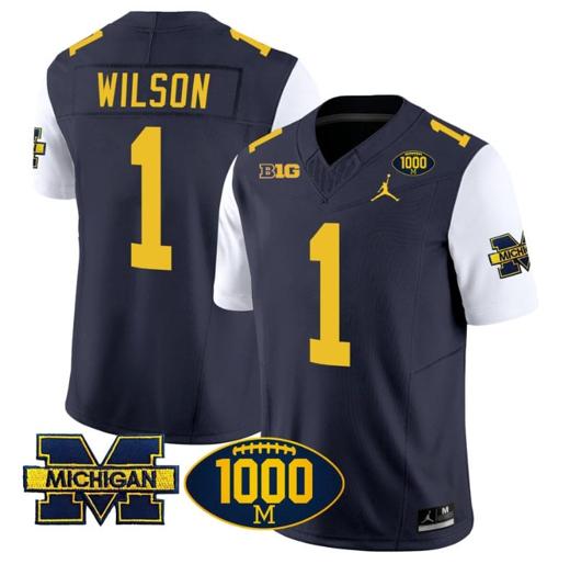 Men's Roman Wilson Jersey #1 Michigan Wolverines 1000 Wins Patch Vapor College Football White Sleeves