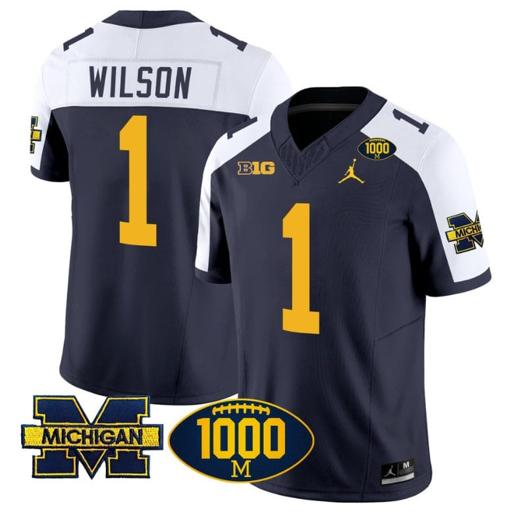 Men's Roman Wilson Jersey #1 Michigan Wolverines 1000 Wins Patch Vapor College Football Navy Alternate