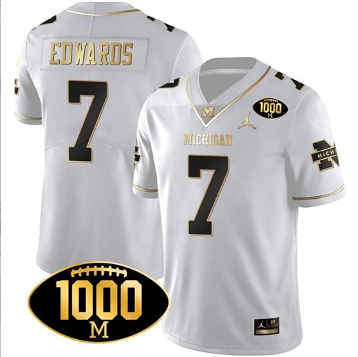 Men's Donovan Edwards Jersey #7 Michigan Wolverines 1000 Wins Patch Football All Stitched White Gold