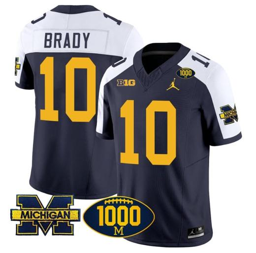 Men's Tom Brady Jersey #10 Michigan Wolverines 1000 Wins Patch Vapor College Football Navy Alternate