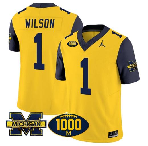 Men's Roman Wilson Jersey #1 Michigan Wolverines 1000 Wins Patch Vapor Limited Football Navy Sleeves