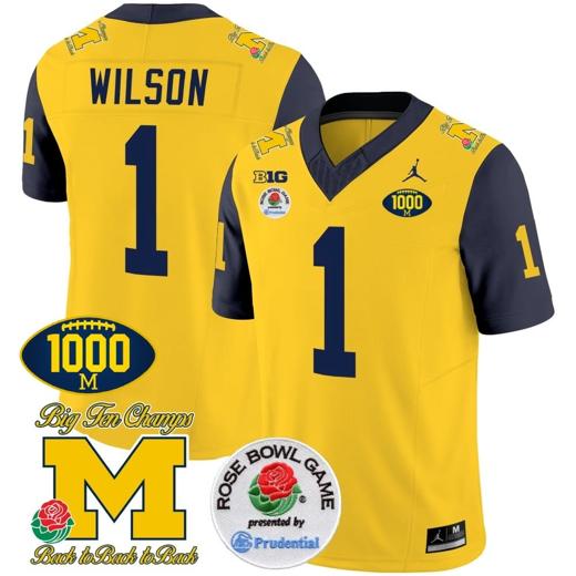 Men's Roman Wilson Jersey #1 Michigan Wolverines Vapor Stitched 1000 Wins Rose Bowl Patch Navy Sleeves