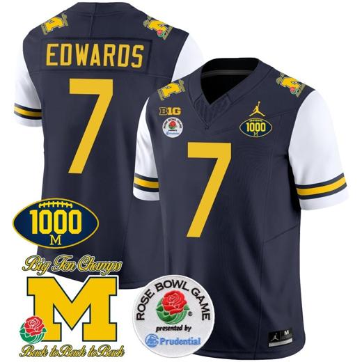 Men's Donovan Edwards Jersey #7 Michigan Wolverines Vapor Stitched 1000 Wins Rose Bowl Patch White Sleeves