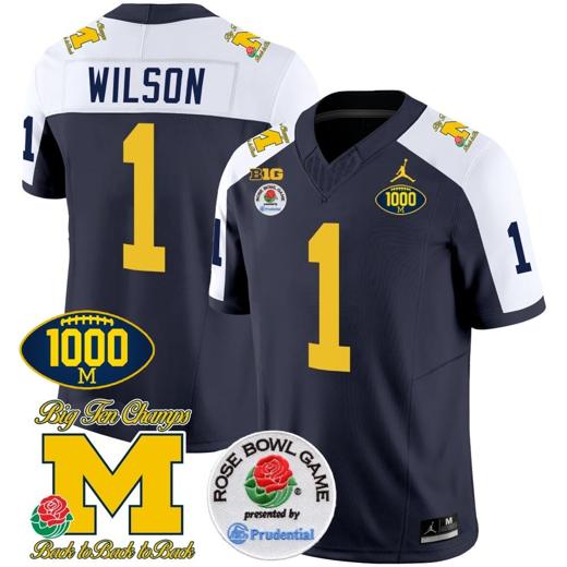 Men's Roman Wilson Jersey #1 Michigan Wolverines Vapor Stitched 1000 Wins Rose Bowl Patch Alternate