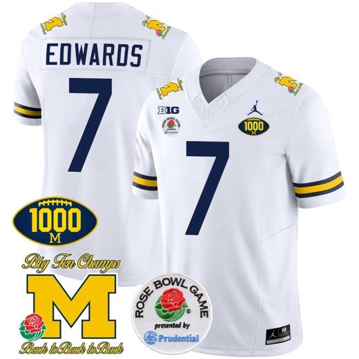 Men's Donovan Edwards Jersey #7 Michigan Wolverines Vapor Stitched 1000 Wins Rose Bowl Patch White