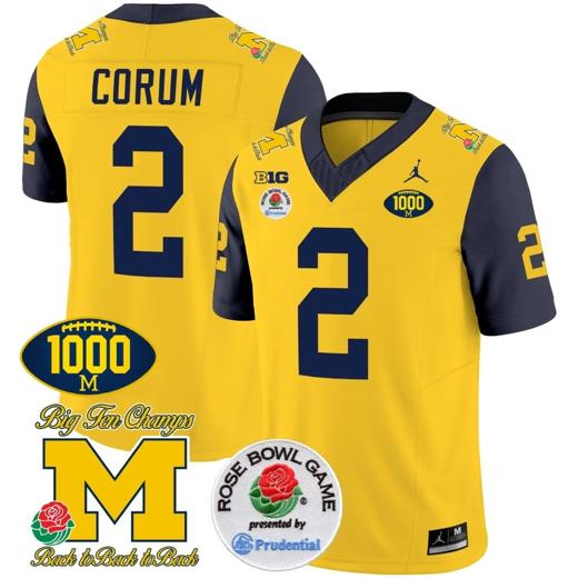 Men's Blake Corum Jersey #2 Michigan Wolverines Vapor Stitched 1000 Wins Rose Bowl Patch Navy Sleeves