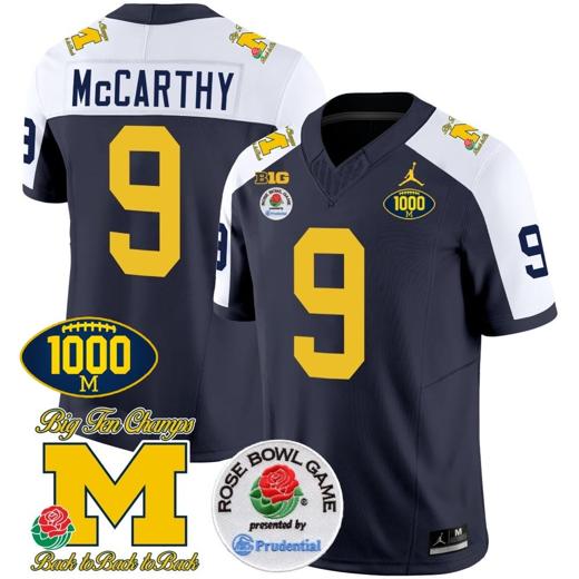 Men's JJ McCarthy Jersey #9 Michigan Wolverines Vapor Stitched 1000 Wins Rose Bowl Patch Alternate