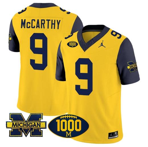 Men's JJ McCarthy Jersey #9 Michigan Wolverines 1000 Wins Patch Vapor Limited Football Navy Sleeves