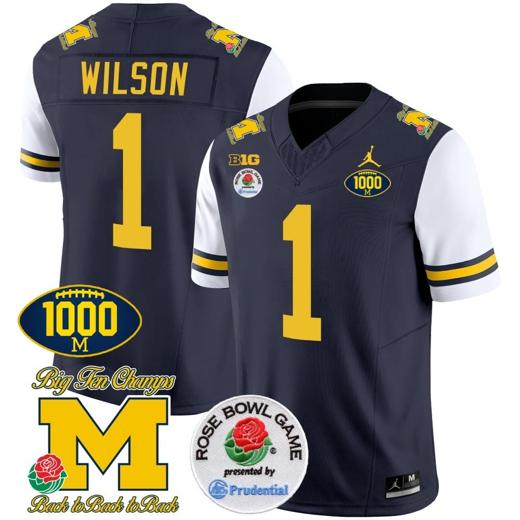 Men's Roman Wilson Jersey #1 Michigan Wolverines Vapor Stitched 1000 Wins Rose Bowl Patch White Sleeves