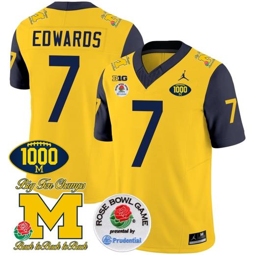 Men's Donovan Edwards Jersey #7 Michigan Wolverines Vapor Stitched 1000 Wins Rose Bowl Patch Navy Sleeves