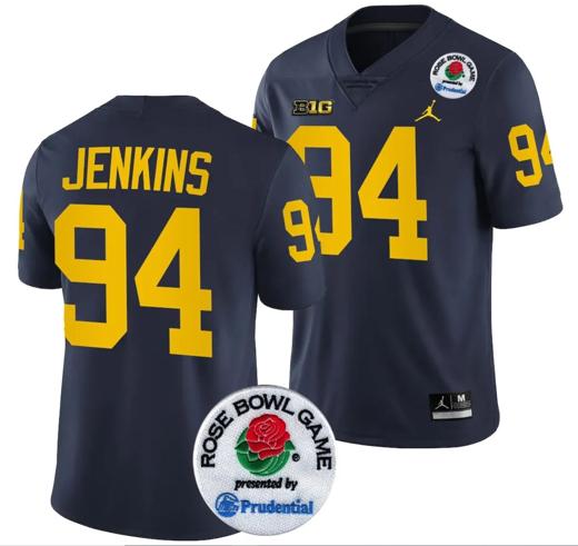 Men's Kris Jenkins Jersey #94 Michigan Wolverines Rose Bowl Game 2024 Patch College Football Playoff Navy