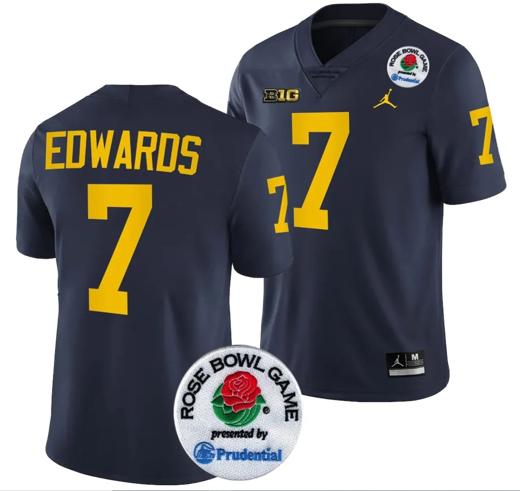 Men's Donovan Edwards Jersey #7 Michigan Wolverines Rose Bowl 2024 Patch College Football Playoff Navy