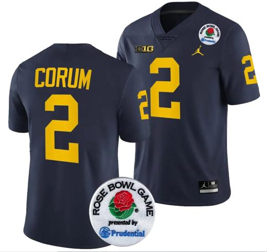 Men's Blake Corum Jersey #2 Michigan Wolverines Rose Bowl Game 2024 Patch College Football Playoff Navy