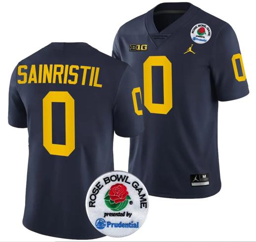 Men's Mike Sainristil Jersey #0 Michigan Wolverines Rose Bowl 2024 Patch College Football Playoff Navy