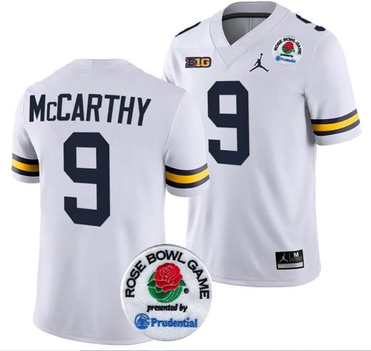 Men's JJ McCarthy Jersey #9 Michigan Wolverines Rose Bowl Game 2024 Patch College Football Playoff White