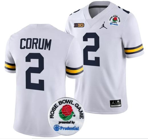 Men's Blake Corum Jersey #2 Michigan Wolverines Rose Bowl Game 2024 Patch College Football Playoff White