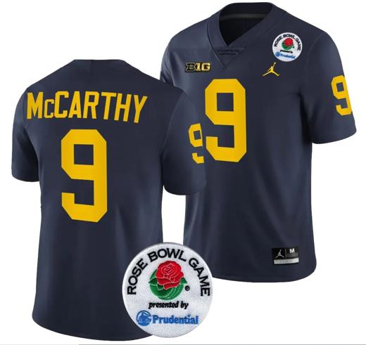 Men's JJ McCarthy Jersey #9 Michigan Wolverines Rose Bowl Game 2024 Patch College Football Playoff Navy