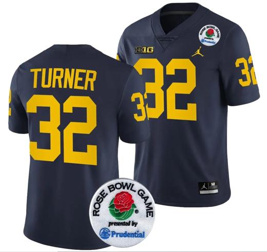 Men's James Turner Jersey #32 Michigan Wolverines Rose Bowl Game 2024 Patch College Football Playoff Navy