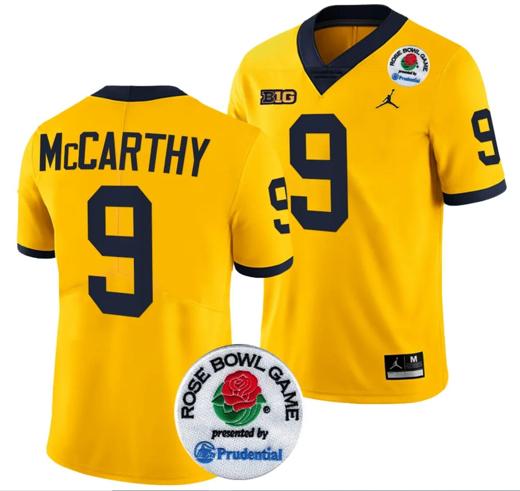 Men's JJ McCarthy Jersey #9 Michigan Wolverines Rose Bowl Game 2024 Patch College Football Playoff Maize