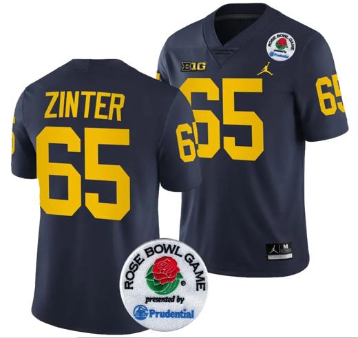 Men's Zak Zinter Jersey #65 Michigan Wolverines Rose Bowl Game 2024 Patch College Football Playoff Navy