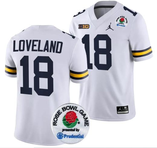 Men's Colston Loveland Jersey #18 Michigan Wolverines Rose Bowl Game 2024 Patch College Football Playoff White