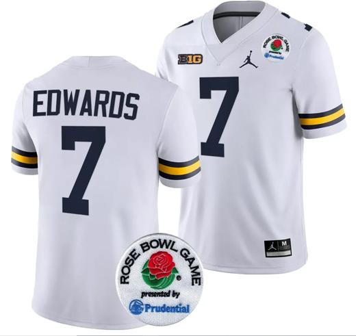 Men's Donovan Edwards Jersey #7 Michigan Wolverines Rose Bowl Game 2024 Patch College Football Playoff White