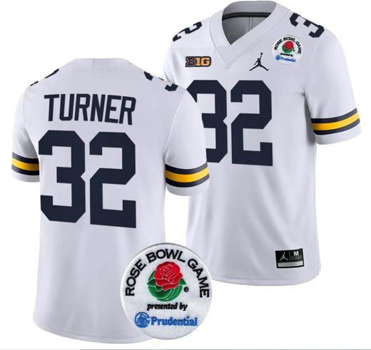 Men's James Turner Jersey #32 Michigan Wolverines Rose Bowl Game 2024 Patch College Football Playoff White