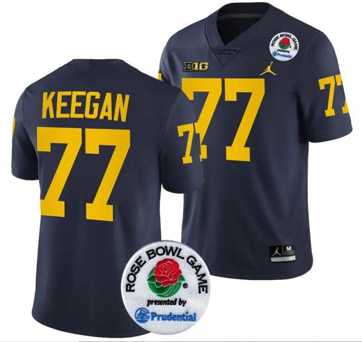 Men's Trevor Keegan Jersey #77 Michigan Wolverines Rose Bowl Game 2024 Patch College Football Playoff Navy